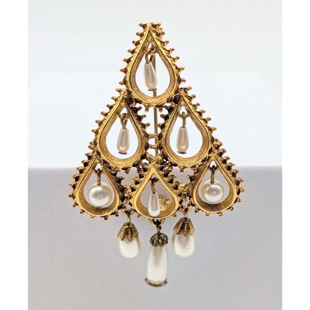 Vtg Florenza Gold Tone Christmas Tree Brooch Pin Filigree Dangling Faux Pearls